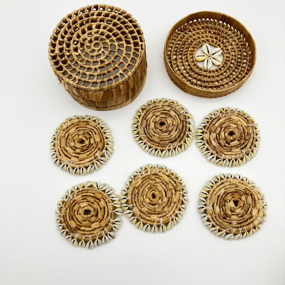 Woven Straw Coaster Set 6pc Natural Cowrie Shell Trim Boho Coastal